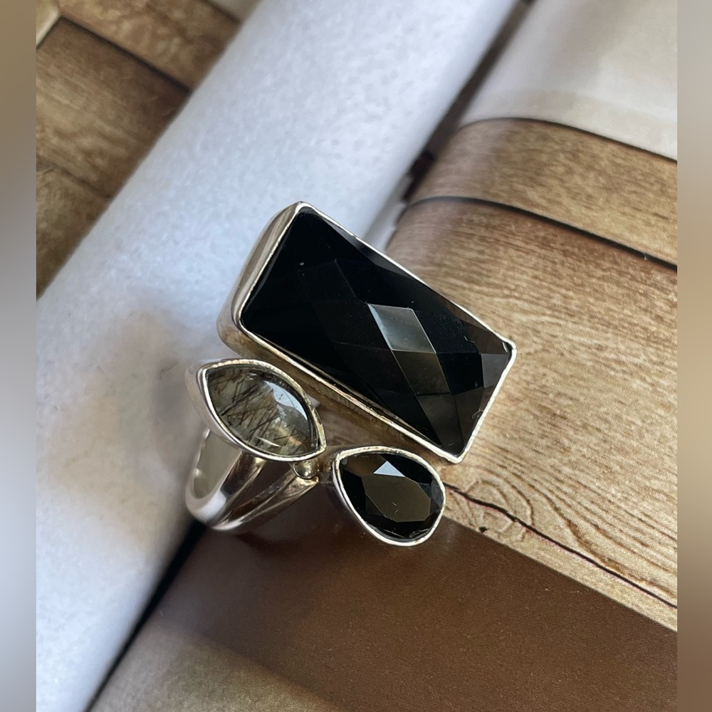 Ring Black Onyx multi stone statement Ring in 925 Sterling silver (US 9 and up)